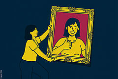 Eine Frau hält ein gerahmtes Bild, das eine Frau zeigt. 