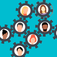 Zahnräder, in deren Innerem Portraits abgebildet sind