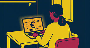 Frau sitzt vorm Laptop, im Bildschirm steht ein Euro-Symbol