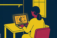 Frau sitzt vorm Laptop, im Bildschirm steht ein Euro-Symbol