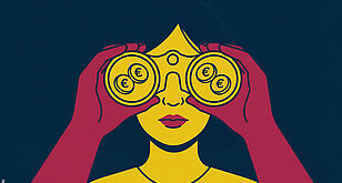 Frau schaut in ein Fernglas, in dessen Gläsern sind Euro-Münzen zu sehen