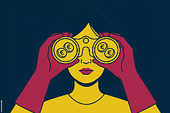 Frau schaut in ein Fernglas, in dessen Gläsern sind Euro-Münzen zu sehen