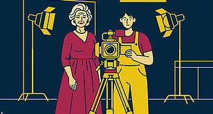 Eine junge und eine alten Frau stehen hinter einer Filmkamera