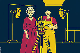 Eine junge und eine alten Frau stehen hinter einer Filmkamera