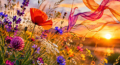 Eine wilde Blumenwiese mit wehenden Bändern und im Hintergrund die untergehende Sonne