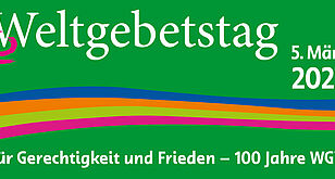 Banner zum Weltgebetstag 2027 “für Gerechtigkeit und Frieden - 100 Jahre Weltgebetstag”