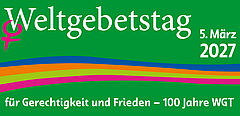 Banner zum Weltgebetstag 2027 “für Gerechtigkeit und Frieden - 100 Jahre Weltgebetstag”