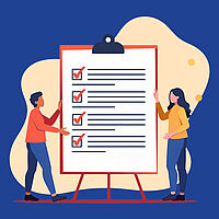 Zwei Frauenfiguren neben einer übergroßen Checkliste.