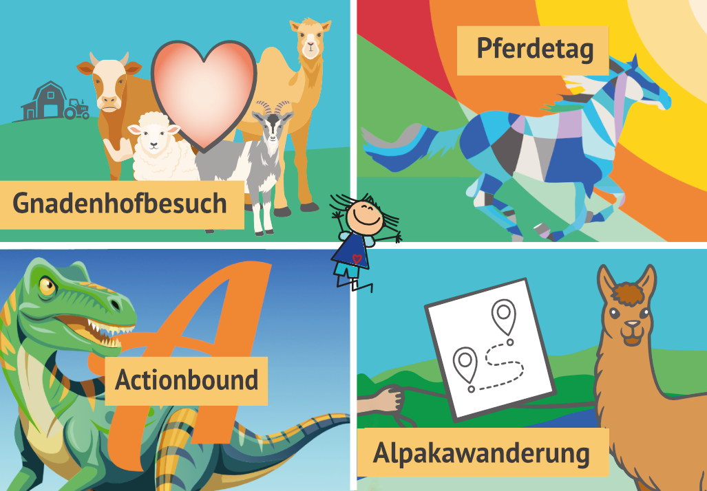 Das Cover des Flyers des Sommerferienprogramms zeigt Illustrationen zu vier Aktionen 